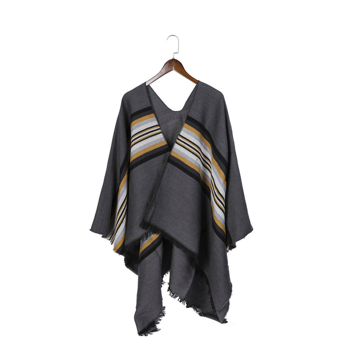 Damen Lässiger Ruana-Poncho aus Wollmix mit asymmetrischem Zipfel und feinem Streifenjacquard Drune