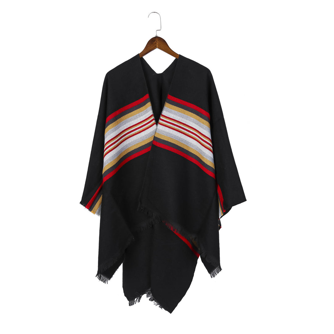 Damen Lässiger Ruana-Poncho aus Wollmix mit asymmetrischem Zipfel und feinem Streifenjacquard Drune