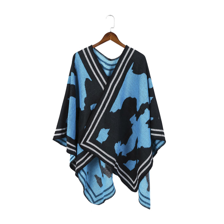 Damen Oversize-Feinstrick-Ruana mit abstraktem Jacquard und kontrastierter Kantenbordüre Drune