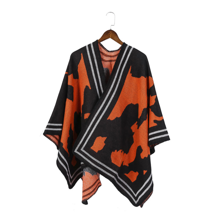 Damen Oversize-Feinstrick-Ruana mit abstraktem Jacquard und kontrastierter Kantenbordüre Drune