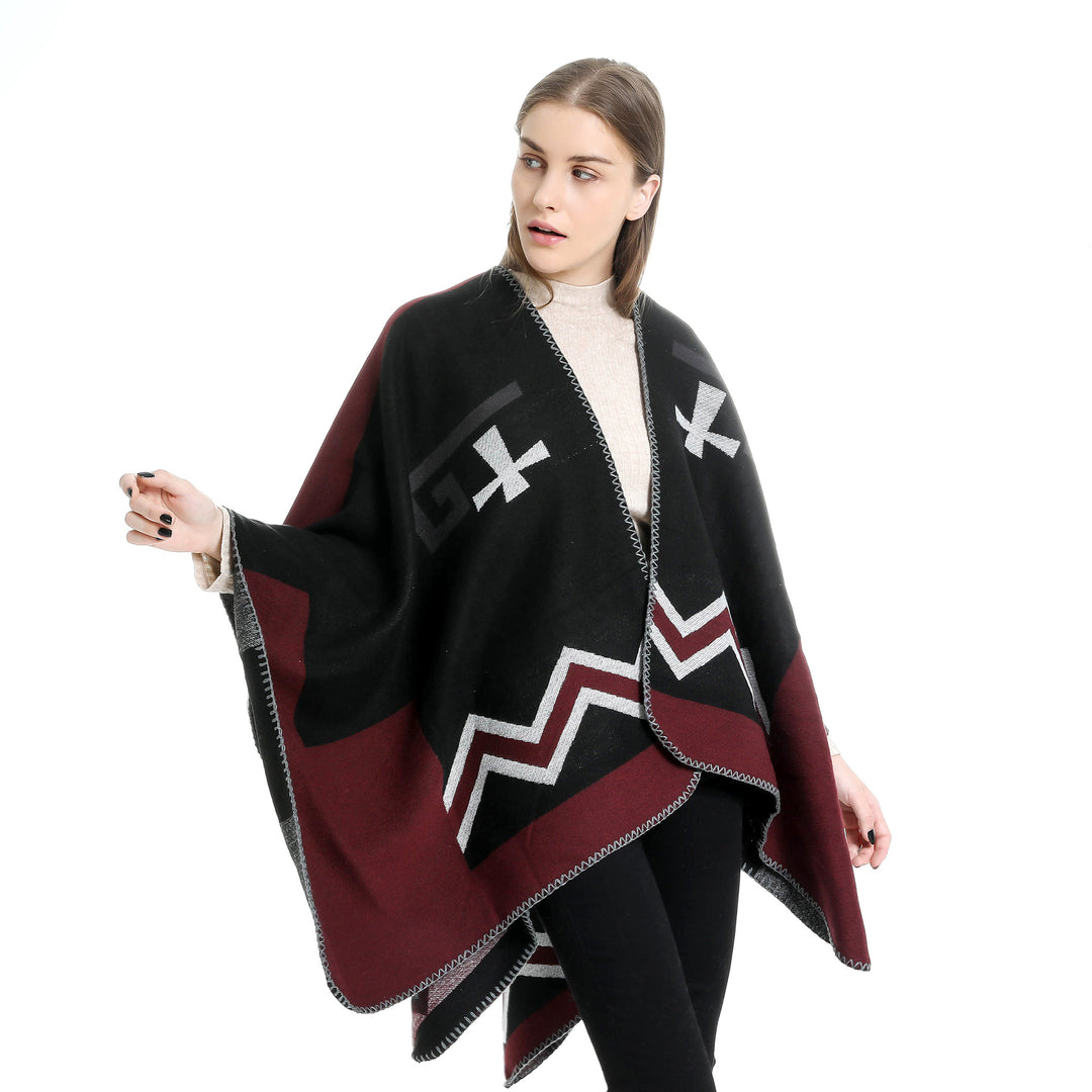 Damen Geometrischer Jacquard‑Ruana‑Überwurf mit V‑Ausschnitt und Zierstichkante Drune