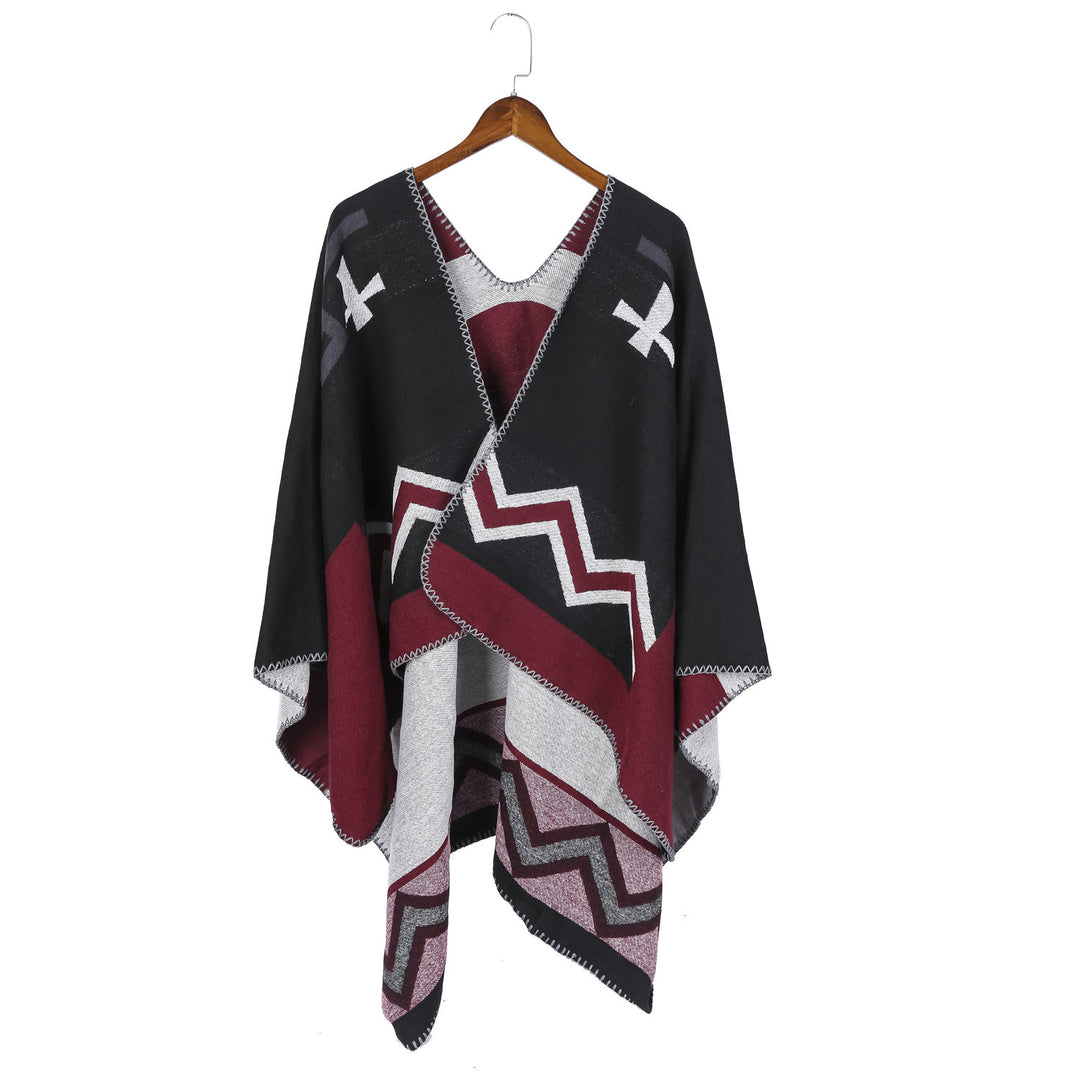 Damen Geometrischer Jacquard‑Ruana‑Überwurf mit V‑Ausschnitt und Zierstichkante Drune