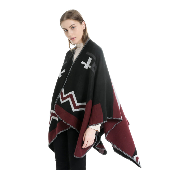 Damen Geometrischer Jacquard‑Ruana‑Überwurf mit V‑Ausschnitt und Zierstichkante Drune