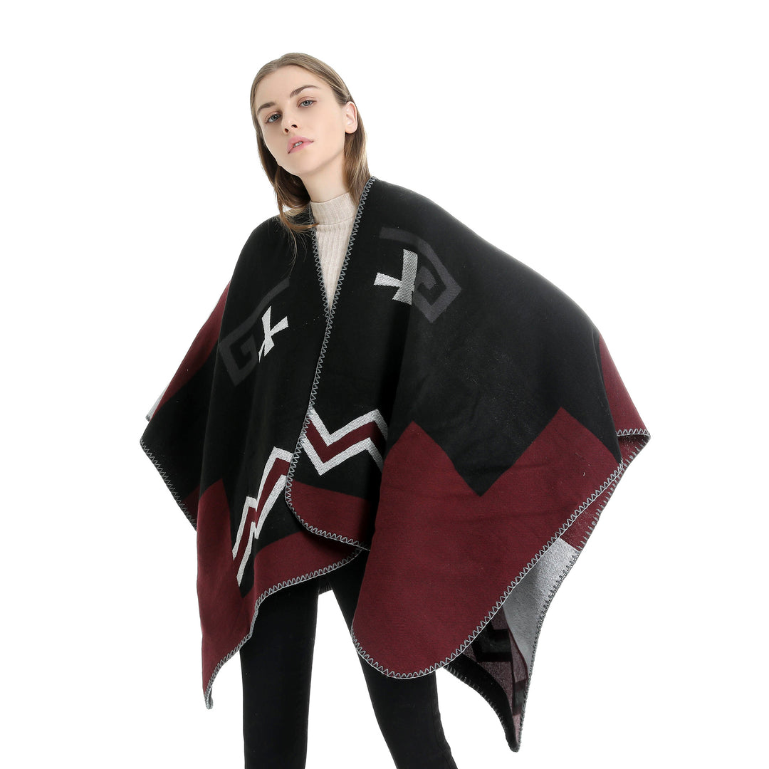 Damen Geometrischer Jacquard‑Ruana‑Überwurf mit V‑Ausschnitt und Zierstichkante Drune