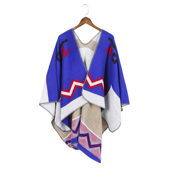 Damen Geometrischer Jacquard‑Ruana‑Überwurf mit V‑Ausschnitt und Zierstichkante Drune