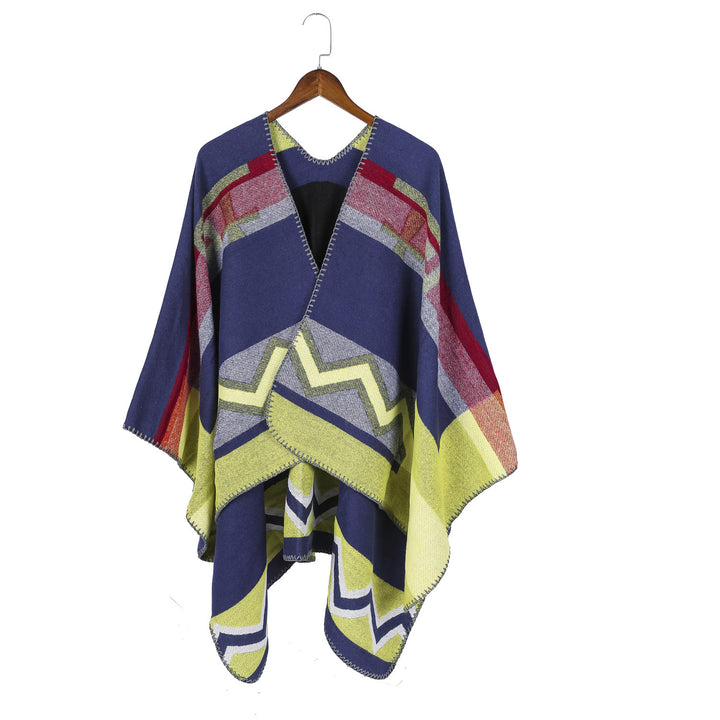 Damen Geometrischer Jacquard‑Ruana‑Überwurf mit V‑Ausschnitt und Zierstichkante Drune