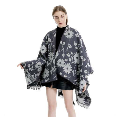 Damen Jacquard‑Ruana‑Poncho mit floralem Jacquard, Fransensaum und weichem Wollmix Drune