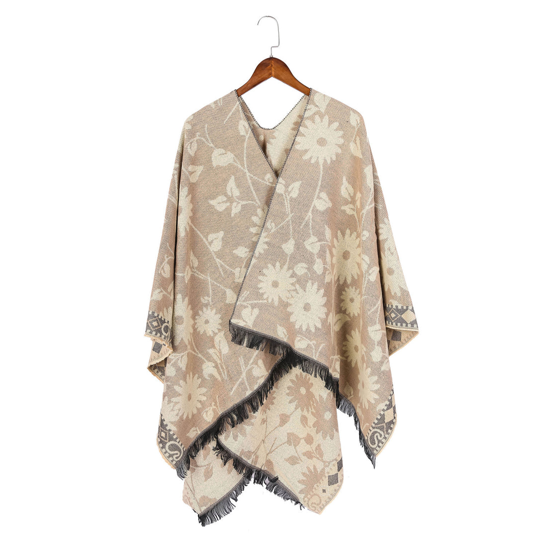 Damen Jacquard‑Ruana‑Poncho mit floralem Jacquard, Fransensaum und weichem Wollmix Drune