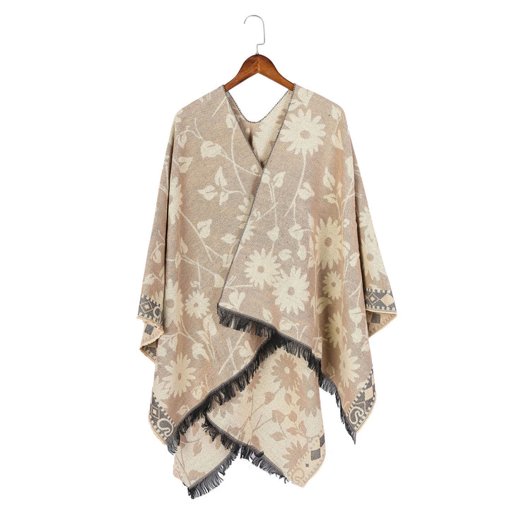 Damen Jacquard‑Ruana‑Poncho mit floralem Jacquard, Fransensaum und weichem Wollmix Drune