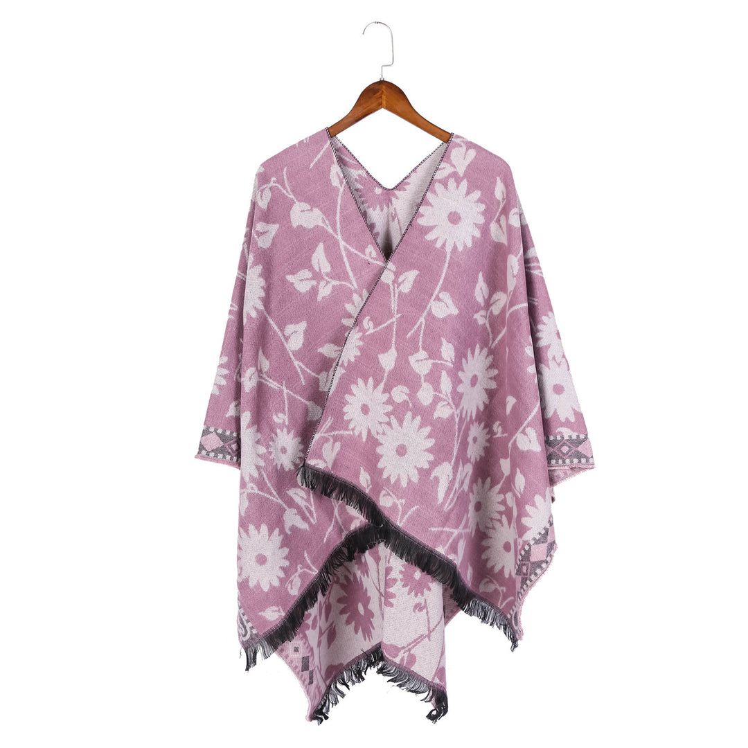 Damen Jacquard‑Ruana‑Poncho mit floralem Jacquard, Fransensaum und weichem Wollmix Drune