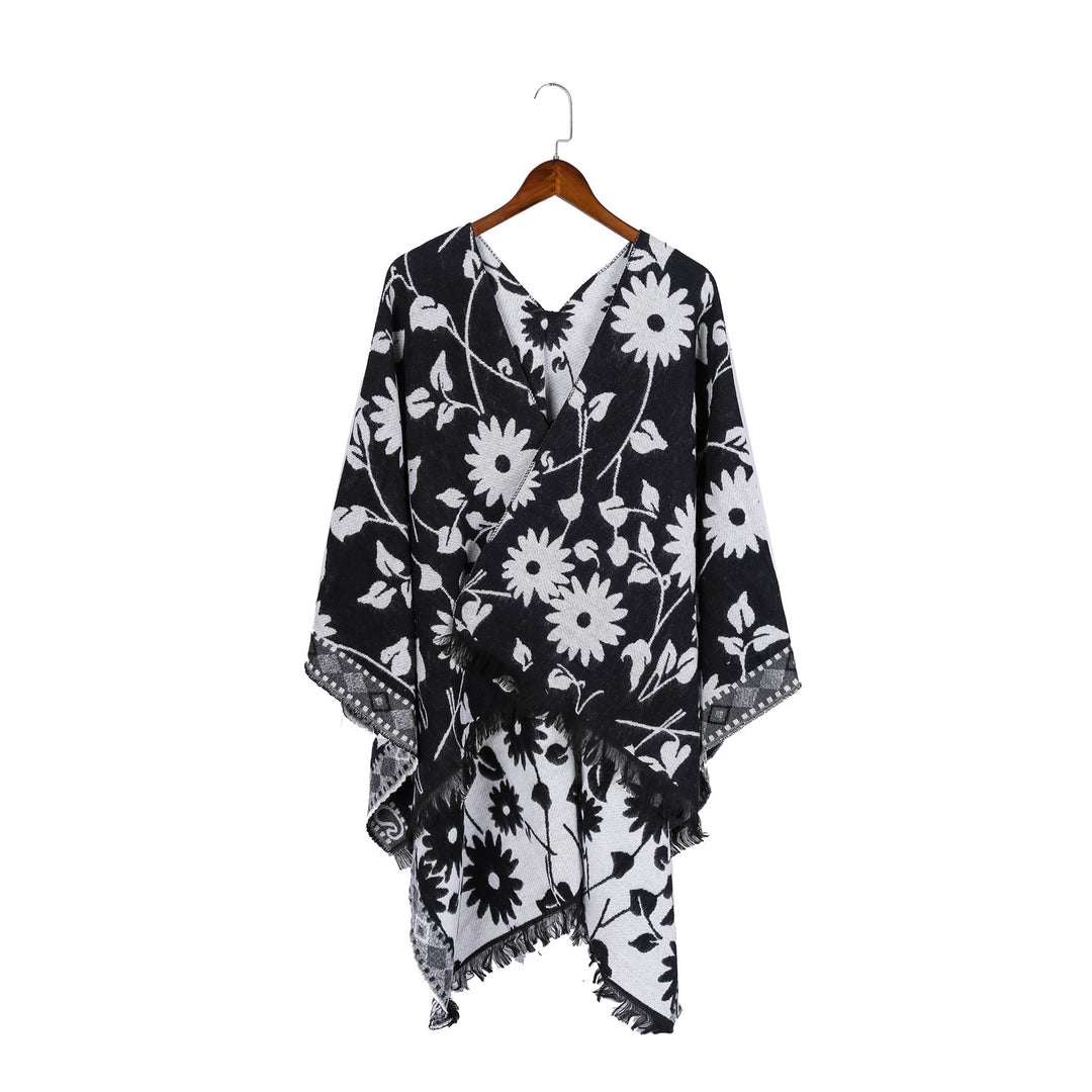 Damen Jacquard‑Ruana‑Poncho mit floralem Jacquard, Fransensaum und weichem Wollmix Drune