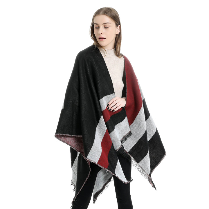 Damen Oversize-Wickelruana im Diagonalstreifen mit Fransenrand Drune