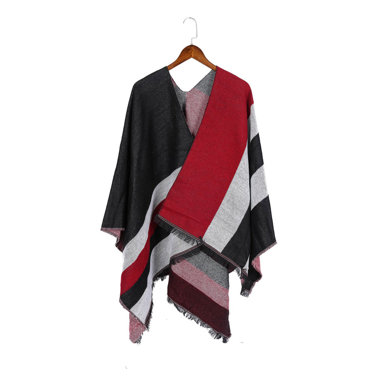 Damen Oversize-Wickelruana im Diagonalstreifen mit Fransenrand Drune
