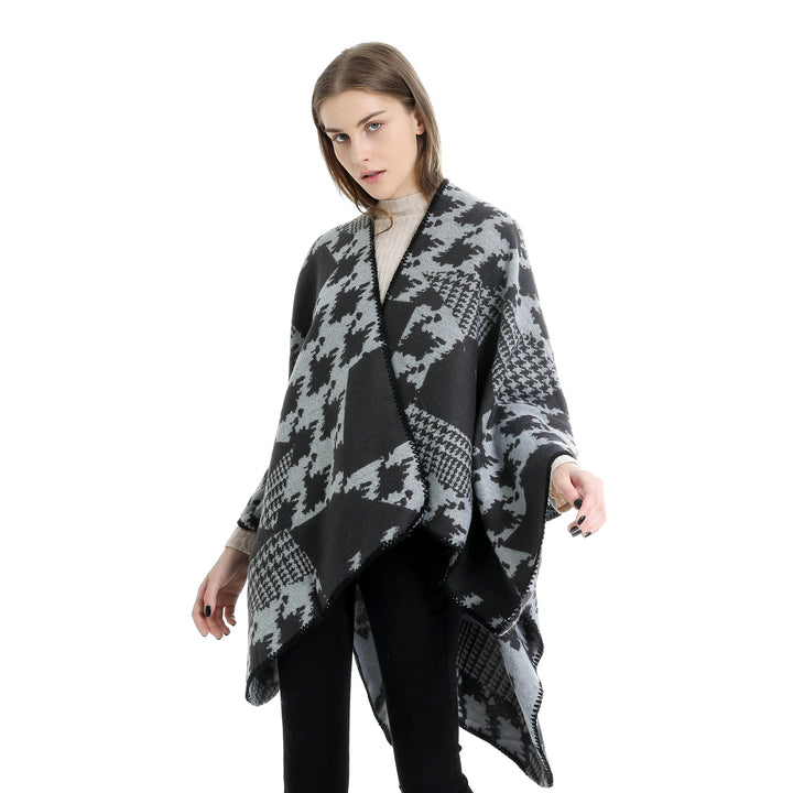 Damen Cape‑Poncho im Ruana‑Schnitt mit dekorativer Kettelkante und zweifarbiger Jacquardstruktur Drune