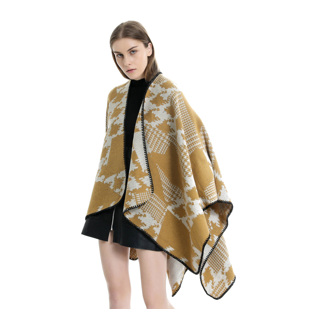 Damen Cape‑Poncho im Ruana‑Schnitt mit dekorativer Kettelkante und zweifarbiger Jacquardstruktur Drune