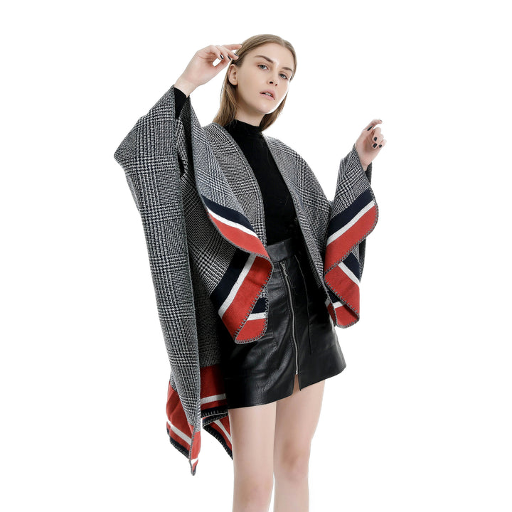 Damen Oversize-Ruana aus Wollmix mit Karojacquard und farbigem Streifenrand Drune