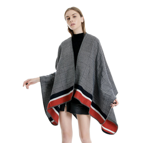 Damen Oversize-Ruana aus Wollmix mit Karojacquard und farbigem Streifenrand Drune