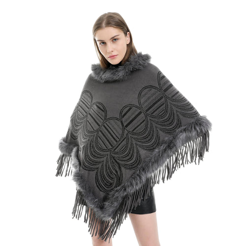 Damen Fransen‑Poncho mit Kunstfellbesatz und Jacquard‑Ruana Drune