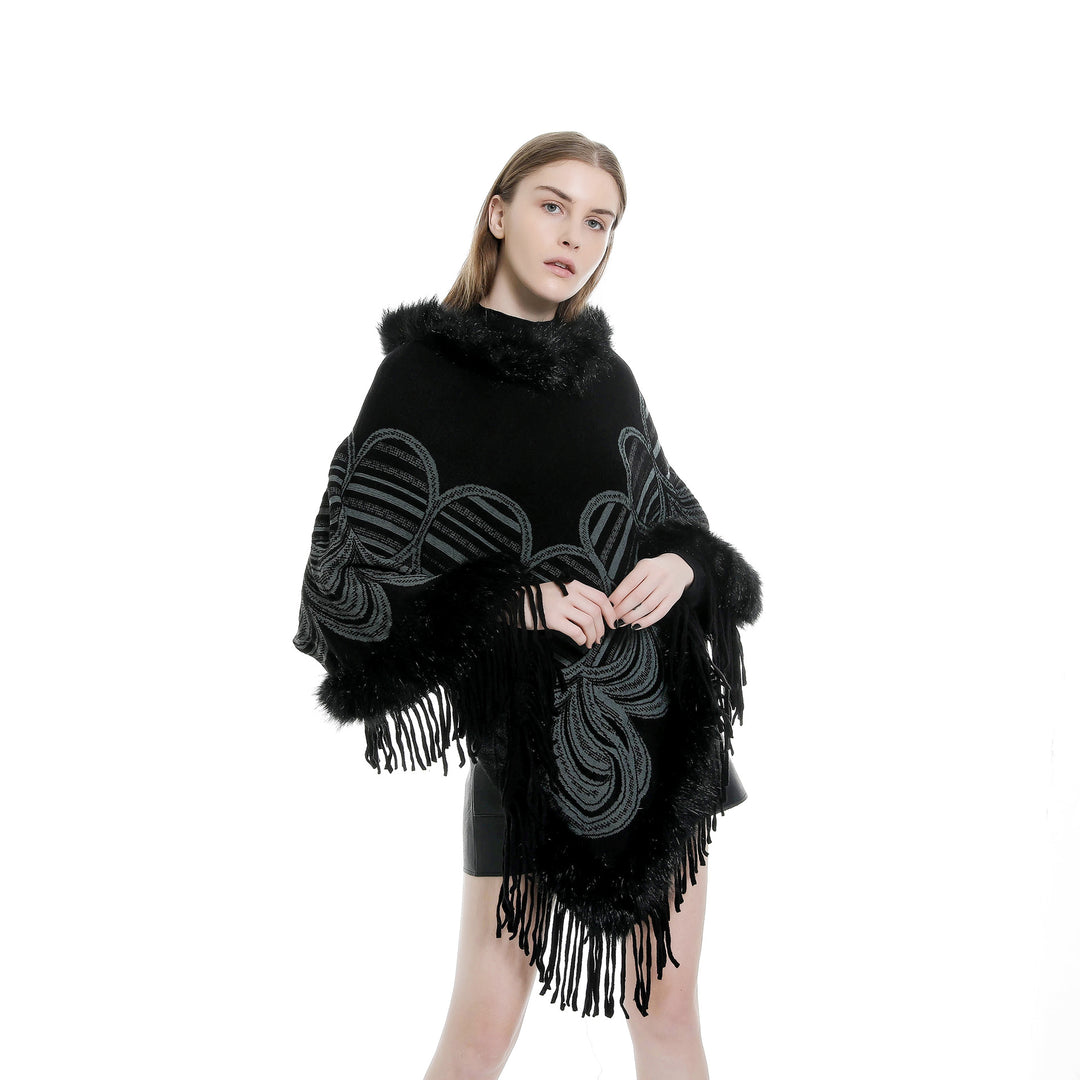 Damen Fransen‑Poncho mit Kunstfellbesatz und Jacquard‑Ruana Drune