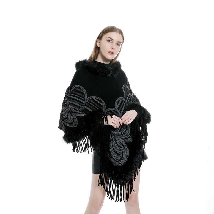Damen Fransen‑Poncho mit Kunstfellbesatz und Jacquard‑Ruana Drune