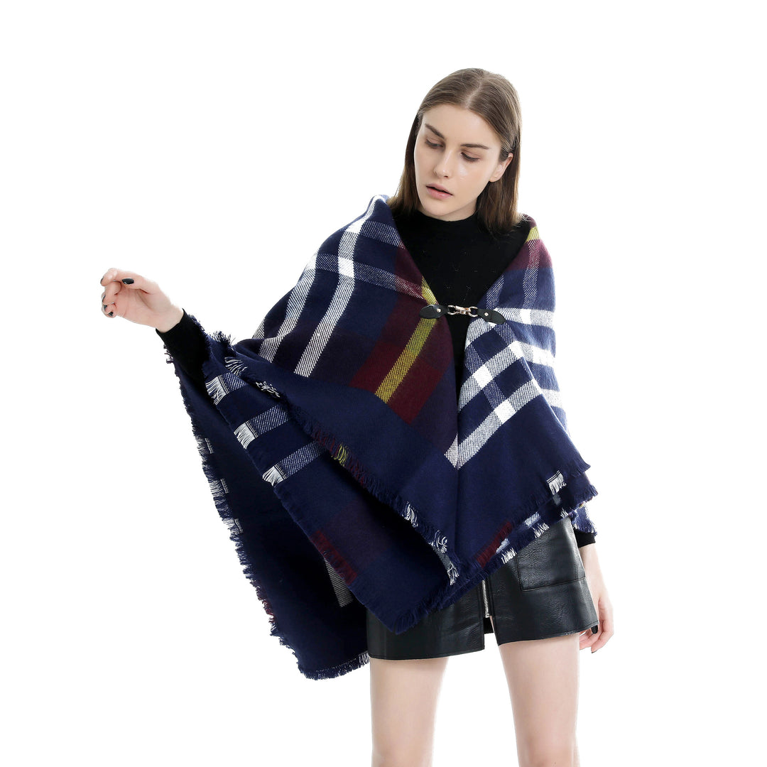 Damen Karierter Wollmix-Capeponcho mit Fransen und Lederverschluss Drune