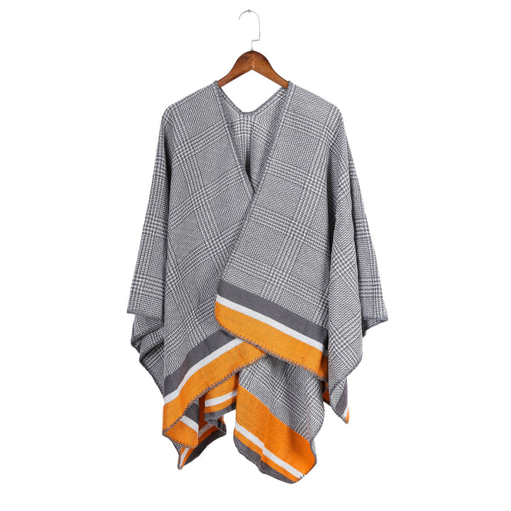Damen Oversize-Ruana aus Wollmix mit Karojacquard und farbigem Streifenrand Drune