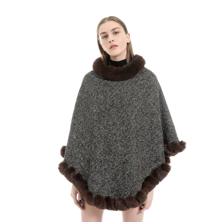 Damen Fein gestrickter Ruana-Poncho mit Kunstfellbesatz und asymmetrischem Saum Drune