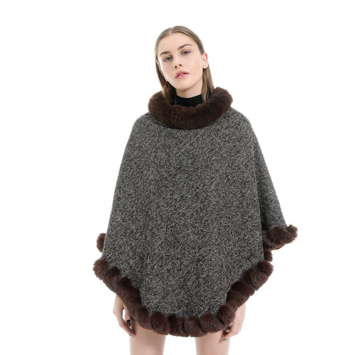 Damen Fein gestrickter Ruana-Poncho mit Kunstfellbesatz und asymmetrischem Saum Drune