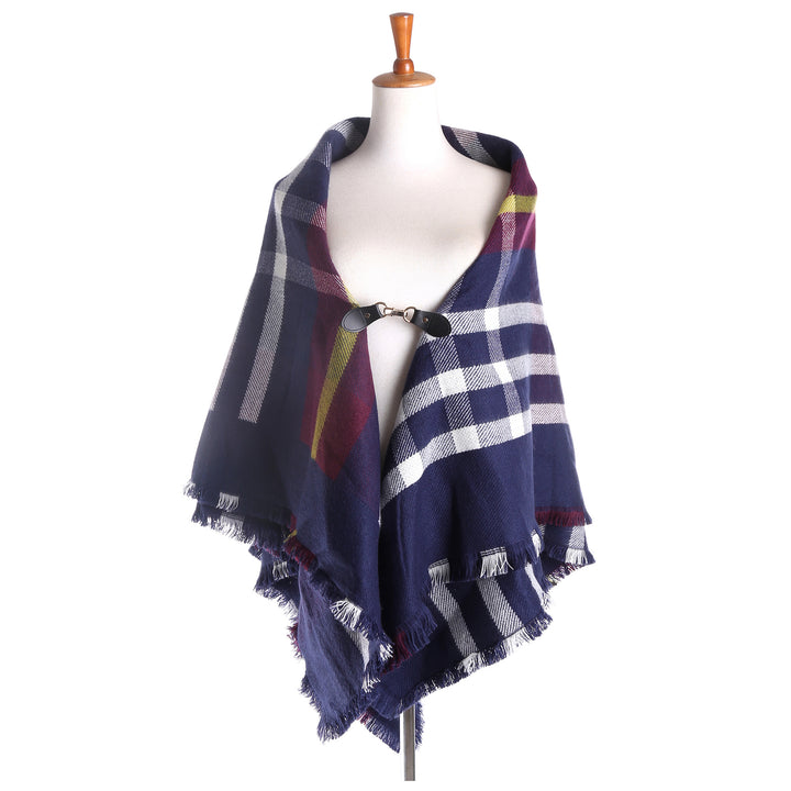Damen Karierter Wollmix-Capeponcho mit Fransen und Lederverschluss Drune