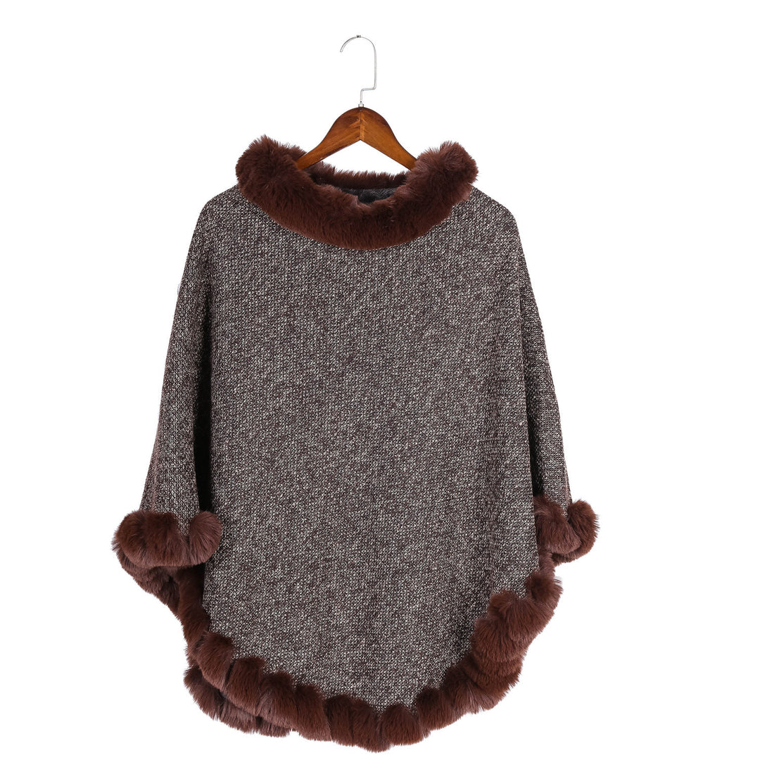 Damen Fein gestrickter Ruana-Poncho mit Kunstfellbesatz und asymmetrischem Saum Drune