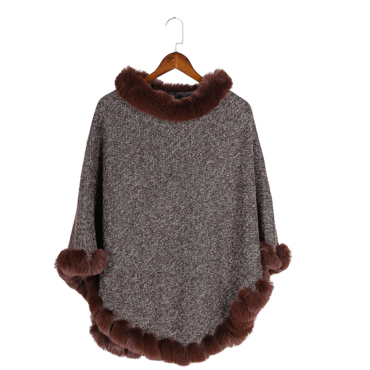Damen Fein gestrickter Ruana-Poncho mit Kunstfellbesatz und asymmetrischem Saum Drune
