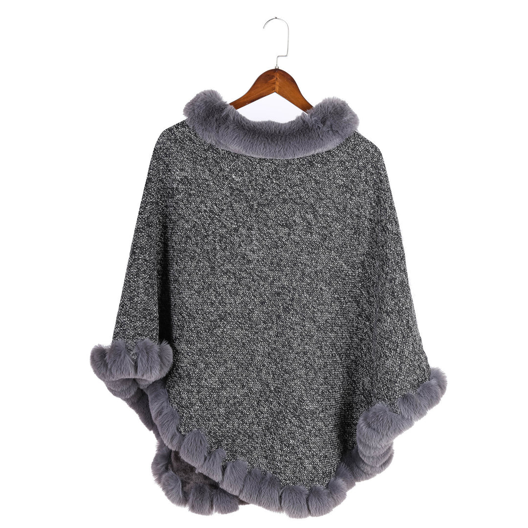 Damen Fein gestrickter Ruana-Poncho mit Kunstfellbesatz und asymmetrischem Saum Drune