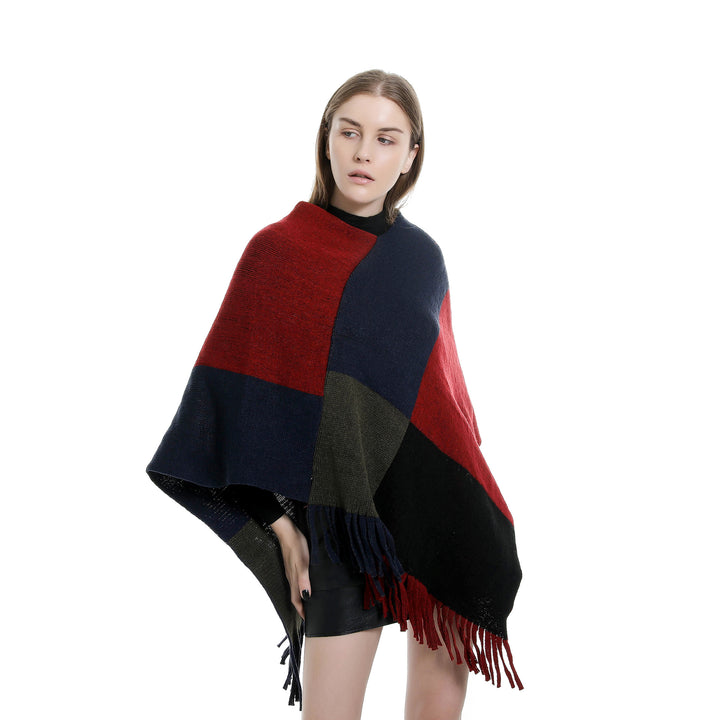 Damen Oversize-Ruana-Poncho mit farbigen Blockelementen und Fransensaum Drune
