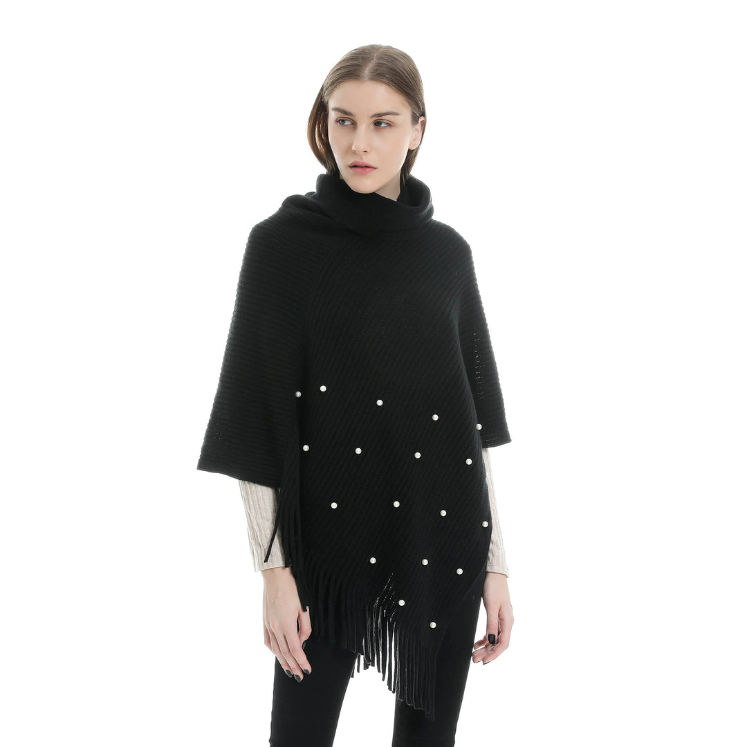 Damen Feinstrick-Poncho mit Rollkragen, Perlenapplikation und Fransensaum Drune