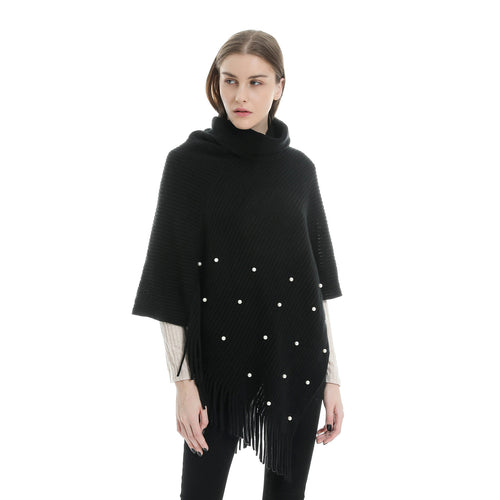 Damen Feinstrick-Poncho mit Rollkragen, Perlenapplikation und Fransensaum Drune