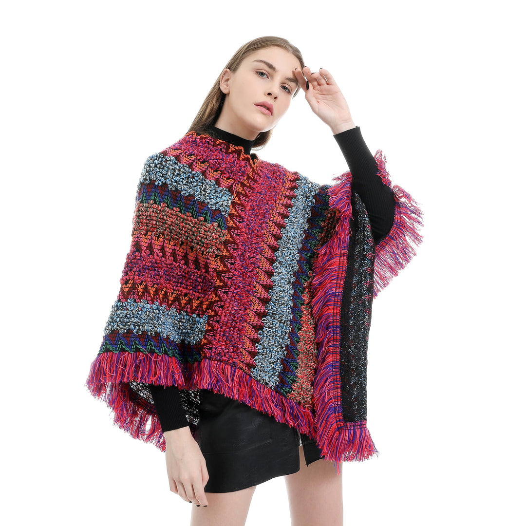 Damen Mehrfarbiger Grobstrick-Poncho mit Zickzack-Jacquard und Fransen Drune