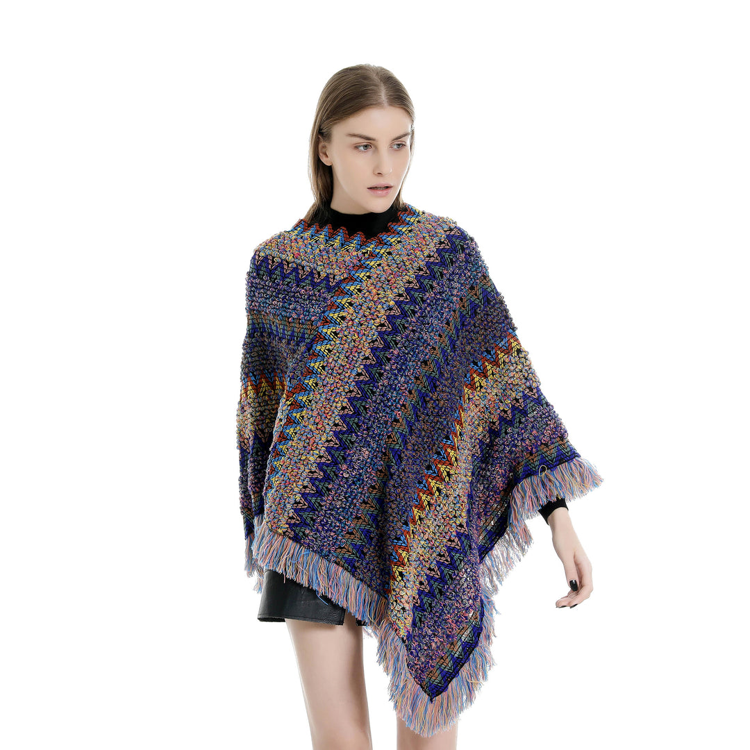 Damen Mehrfarbiger Grobstrick-Poncho mit Zickzack-Jacquard und Fransen Drune