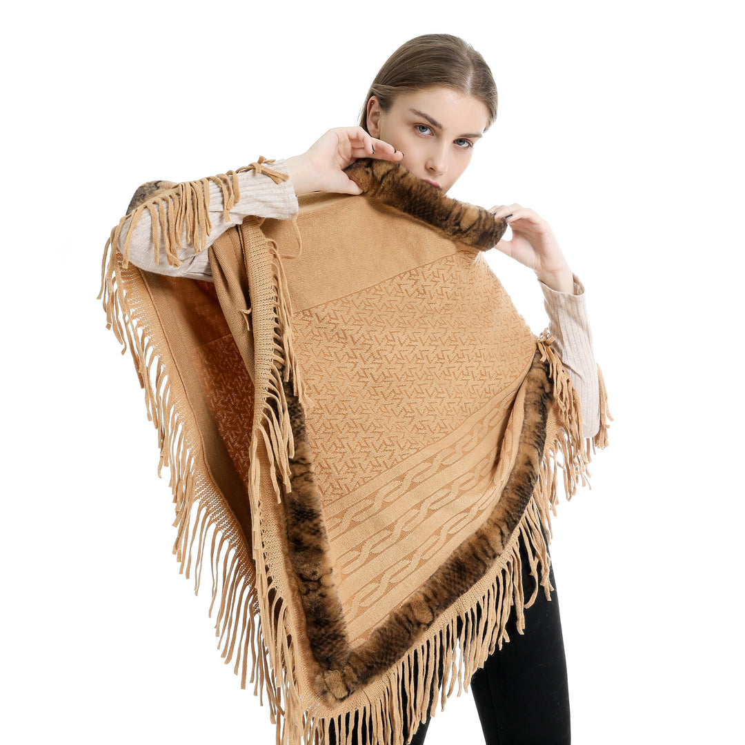 Damen Eleganter Wollmix‑Poncho mit Kunstfellbesatz und Fransensaum Drune