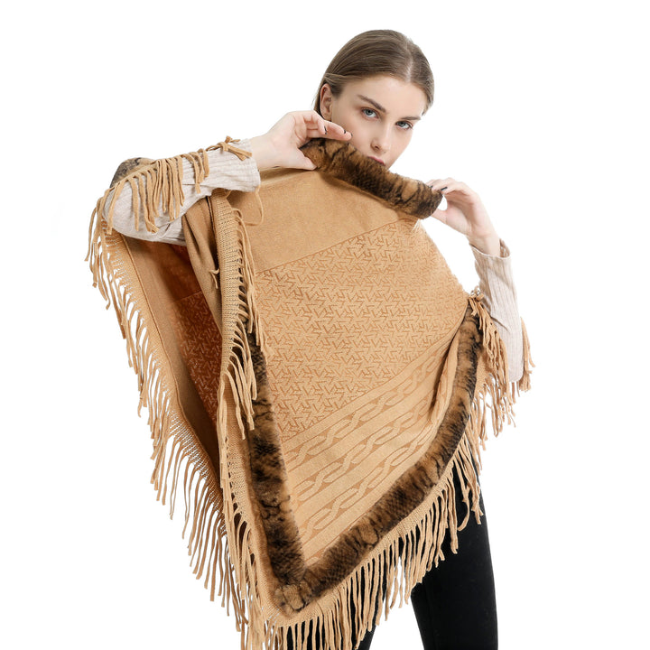 Damen Eleganter Wollmix‑Poncho mit Kunstfellbesatz und Fransensaum Drune
