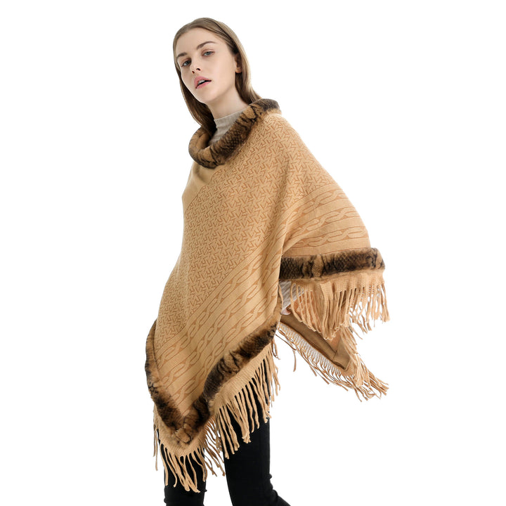 Damen Eleganter Wollmix‑Poncho mit Kunstfellbesatz und Fransensaum Drune