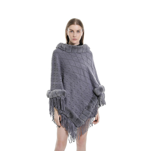 Damen Wolloptik-Ruana mit Kunstfellkragen, Fransensaum und Oversize-Fall Drune
