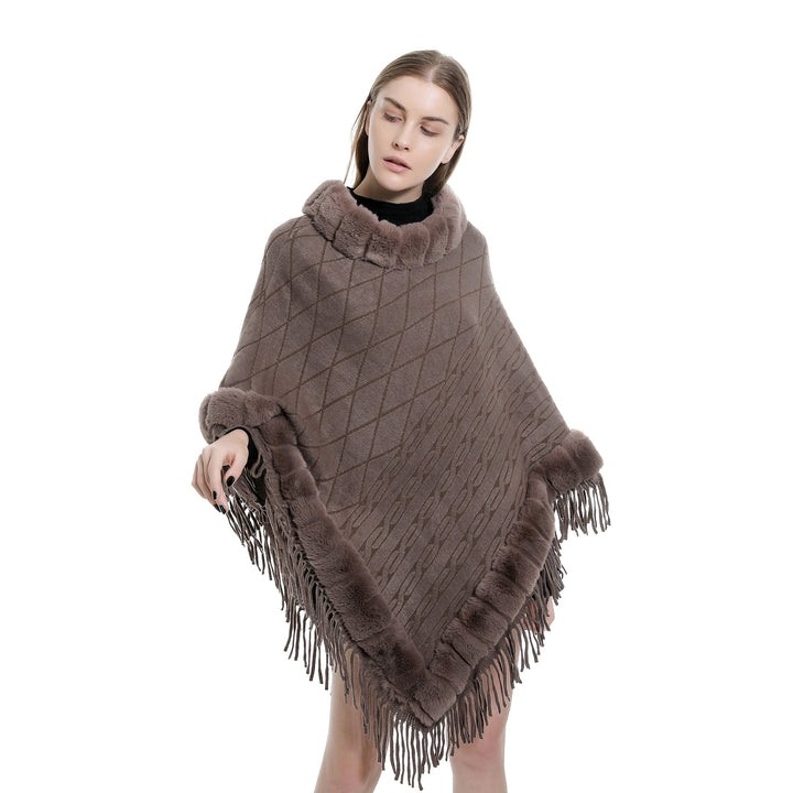 Damen Wolloptik-Ruana mit Kunstfellkragen, Fransensaum und Oversize-Fall Drune