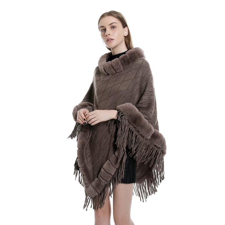 Damen Wolloptik-Ruana mit Kunstfellkragen, Fransensaum und Oversize-Fall Drune