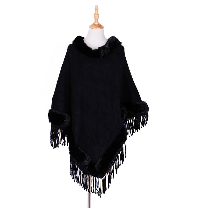 Damen Wolloptik-Ruana mit Kunstfellkragen, Fransensaum und Oversize-Fall Drune