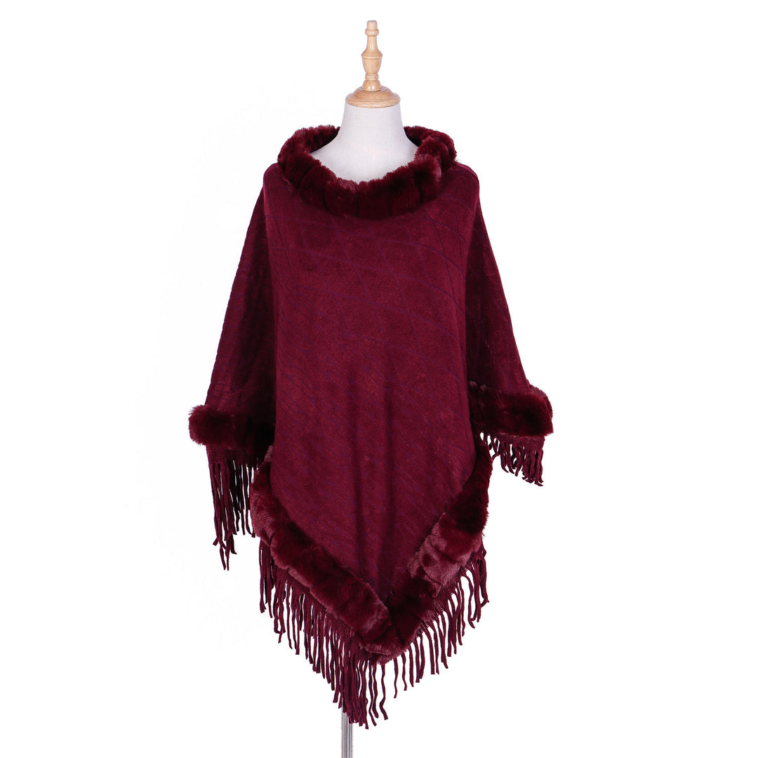 Damen Wolloptik-Ruana mit Kunstfellkragen, Fransensaum und Oversize-Fall Drune