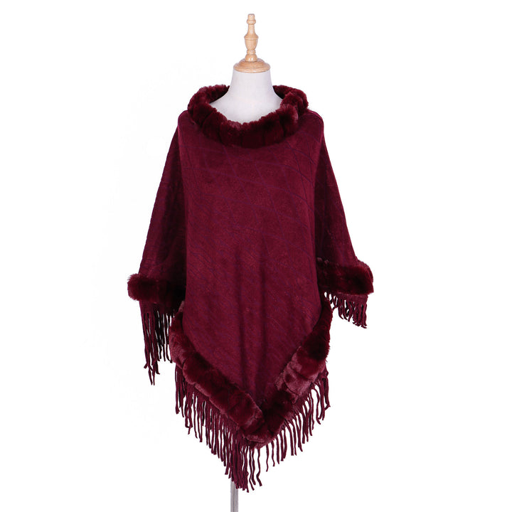 Damen Wolloptik-Ruana mit Kunstfellkragen, Fransensaum und Oversize-Fall Drune