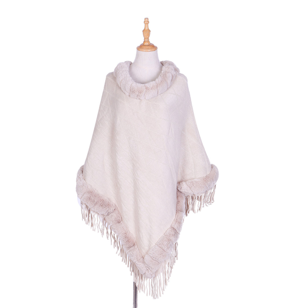 Damen Wolloptik-Ruana mit Kunstfellkragen, Fransensaum und Oversize-Fall Drune