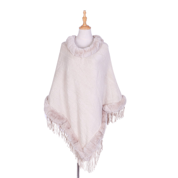 Damen Wolloptik-Ruana mit Kunstfellkragen, Fransensaum und Oversize-Fall Drune