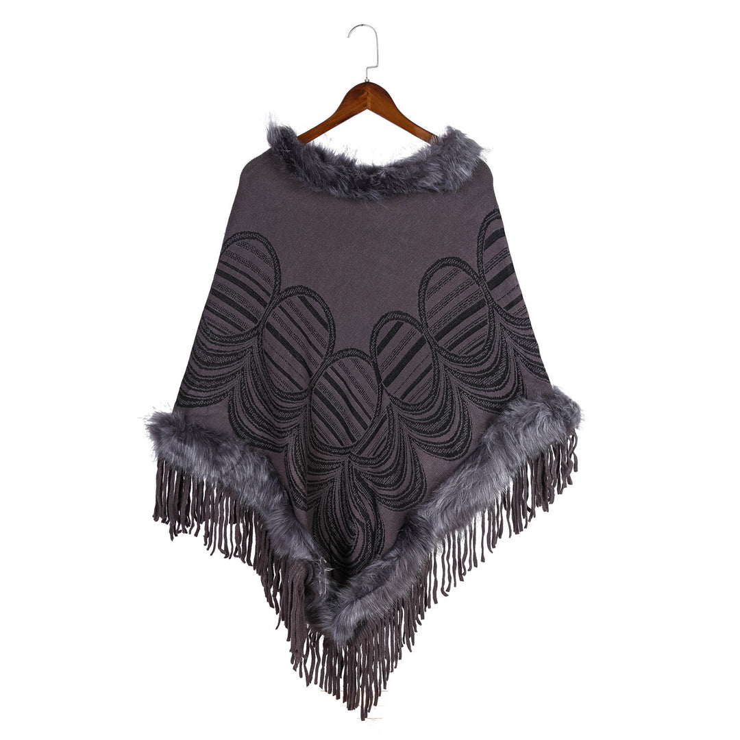 Damen Fransen‑Poncho mit Kunstfellbesatz und Jacquard‑Ruana Drune