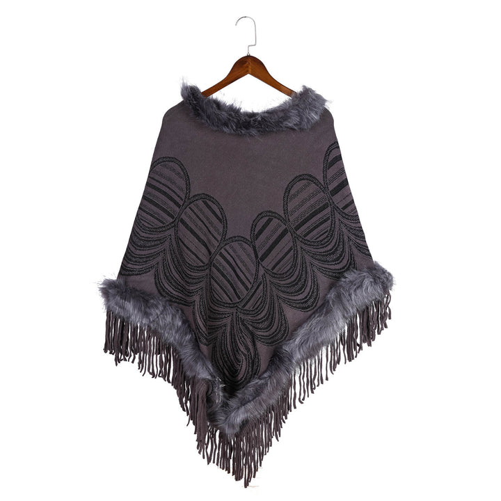Damen Fransen‑Poncho mit Kunstfellbesatz und Jacquard‑Ruana Drune